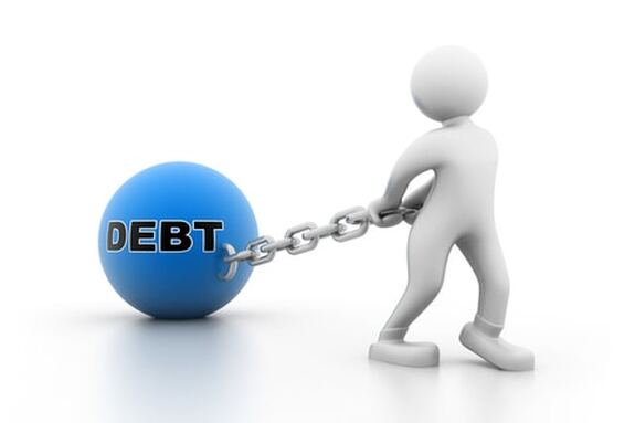 Image of a stick man dragging a ball and chain of debt which can be solved through mortgage refinancing