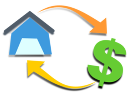 Graphic of house and dollar sign with arrows circling around representing renewing a mortgage contract